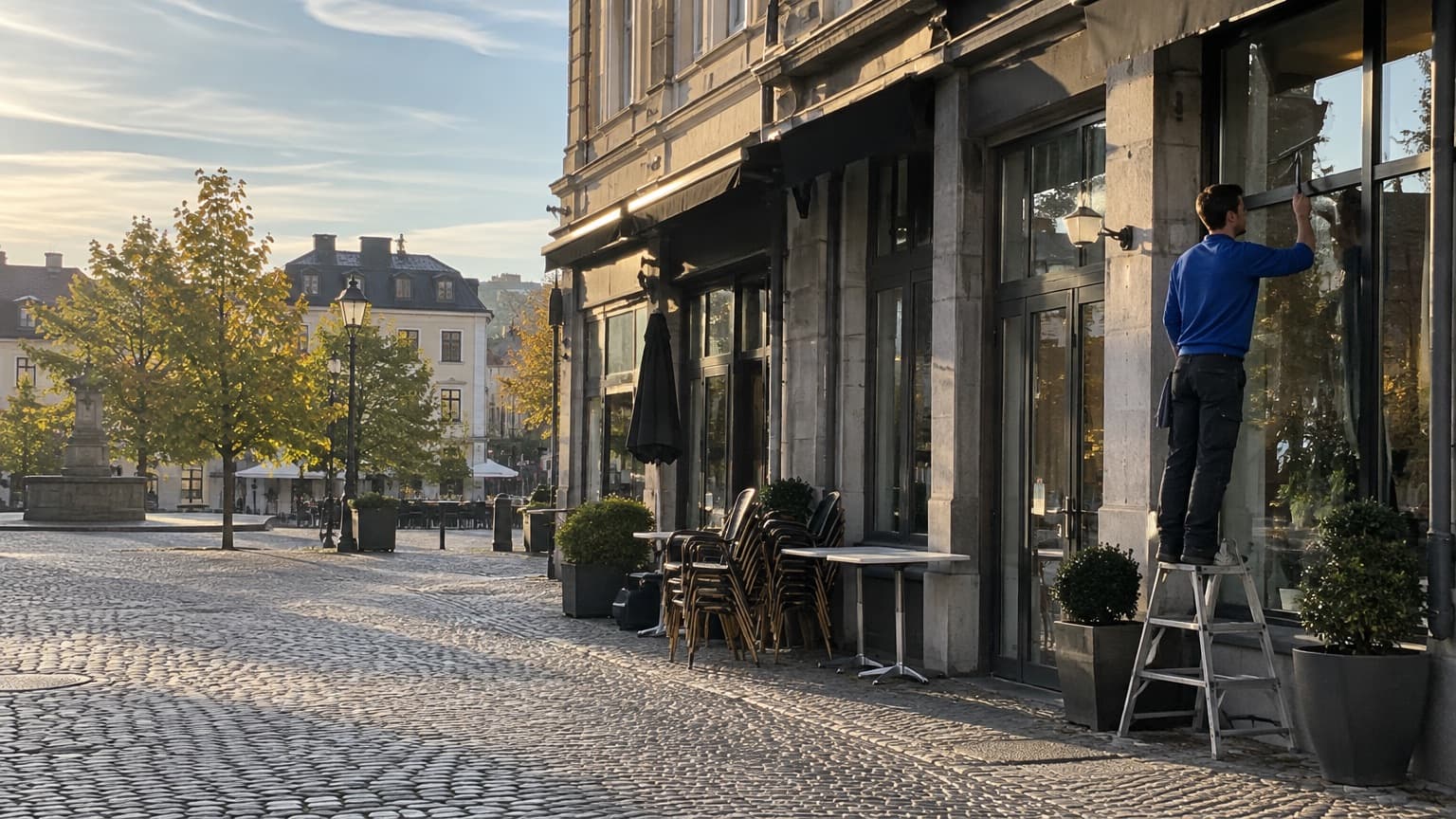 Fönsterputsare på en stege putsar en restaurang vid ett torg på morgonen